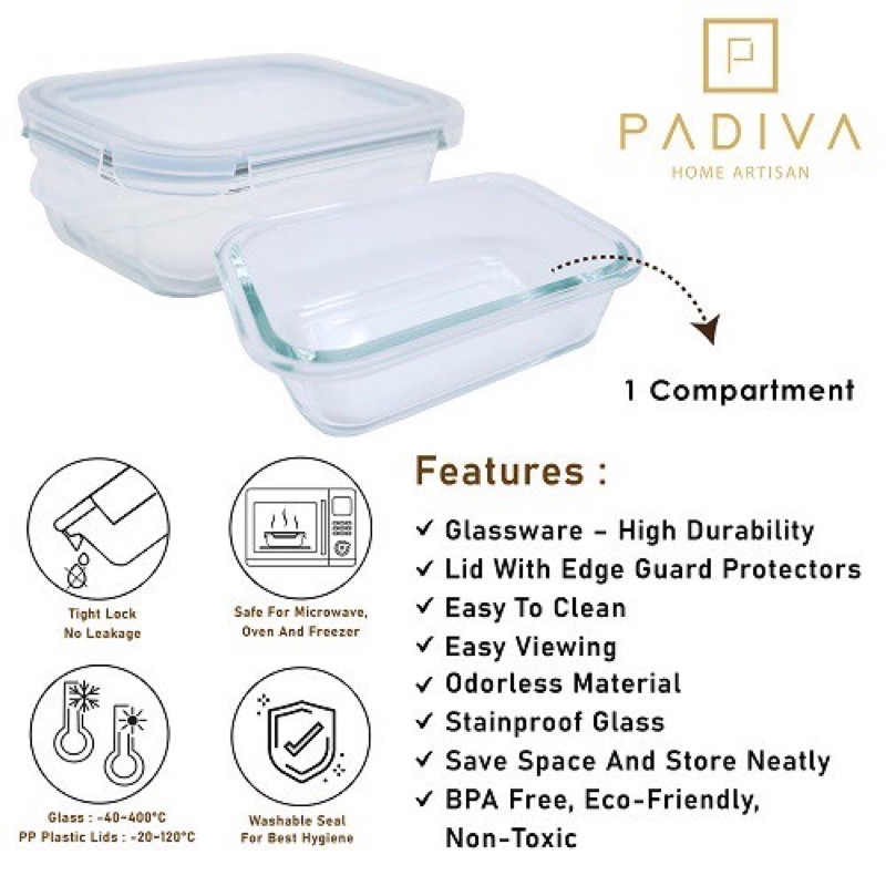 Padiva 370ml (2pcs) Glassbox 1 Compartment