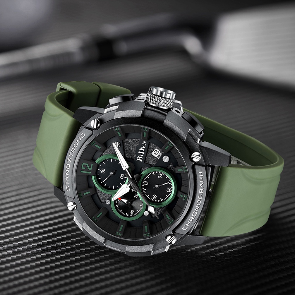 BIDEN Jam Tangan Pria Anti Air Olahraga Militer Chronograph Tali Silikon Jam Tangan Cowok Kuarsa