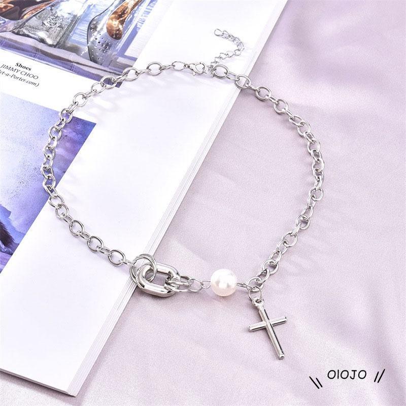 Korea Ins Cross Kalung Mutiara Clavicle Chain Aksesoris Fashion Wanita - ol