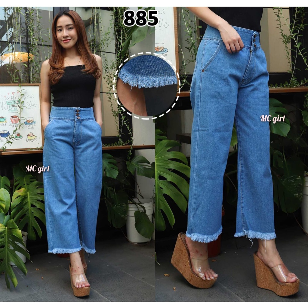 MC girl -  Kulot Jeans Rawis 7/9 Kancing 3 Wanita / Celana Jeans Kaki Lebar Rumbai Kancing Tiga 7/9