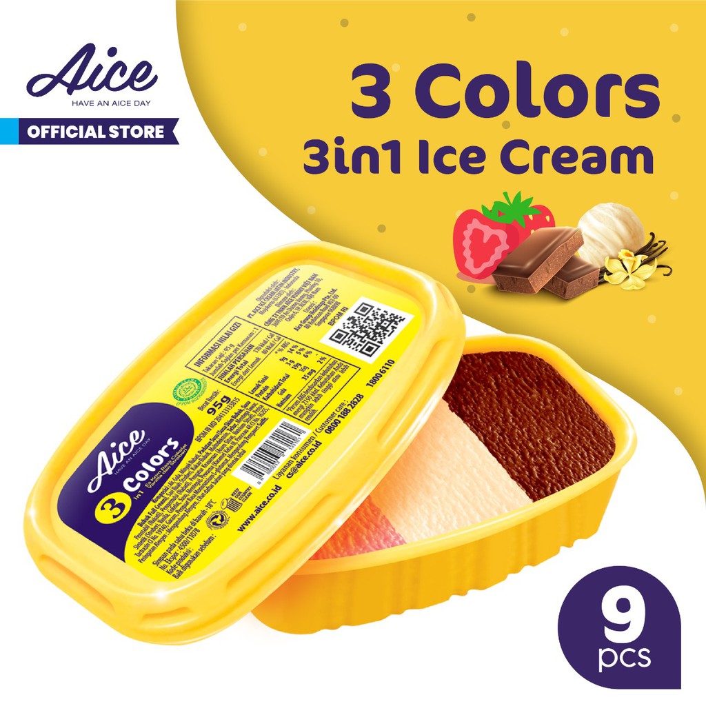 

Aice Ice Cream 3 in 1 colors 95g Eskrim isi 9 Pcs Es Krim rasa vanilla chocolate strawberry