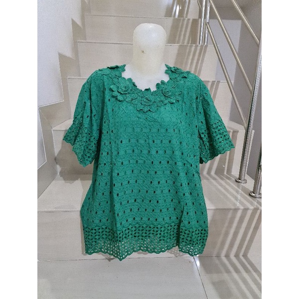 Blouse Brukat Putih, Hitam, Warna Tangan Pendek Import Size XL, 2XL, 3XL-829 - Hijau