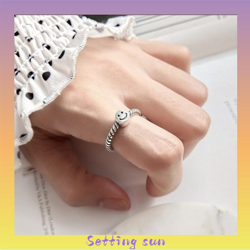 2 PCS Retro Smiley Cincin Wanita Fashion Kepribadian Pembukaan Cincin Dapat Disesuaikan TN