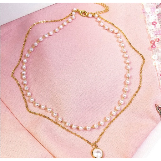 KALUNG TITANIUM WANITA PANJANG MUTIARA PEARL ELEGANT RETRO ANTI KARAT AKSESORIS FASHION IMPORT KOREA KLG37