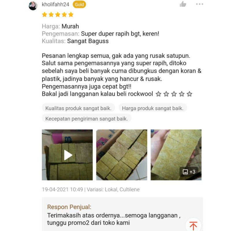 Rockwool Cultilene hidroponik Siap Pakai 18 kotak/lubang ukuran 15x7.5x2.5
