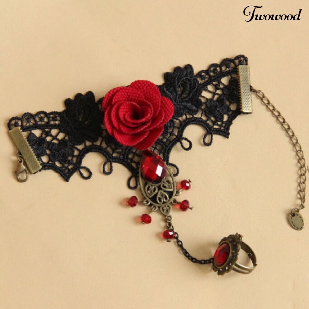 Twowood Rose Decor Black Lace Ring Bracelet Women Faux Gem Faux Pearl Ring Hand Chain Jewelry Accessory
