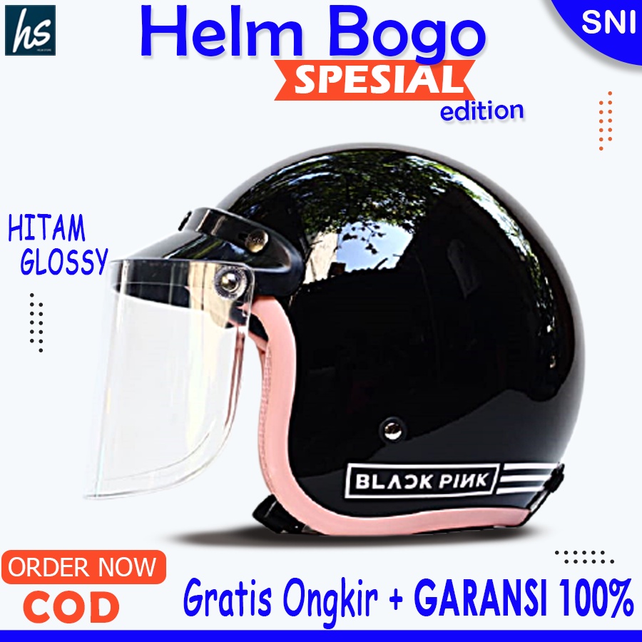 HELM BOGO DEWASA FULL LEHER SNI RETRO SNI Bogo Cantik Retro Dewasa Wanita Cewek sni HITAM GLOSS BLAC