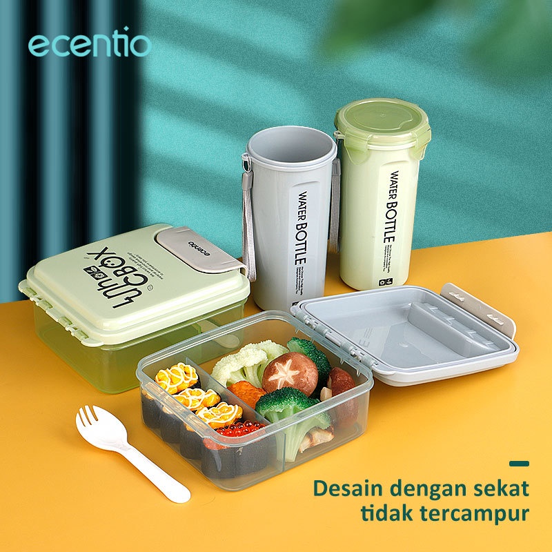 ecentio 2pcs kotak makan botol set tempat makan portable dan botol minum anti-bocor lunch box tempat nasi box tahan panas