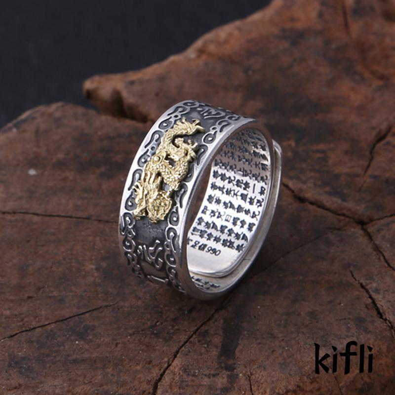 Cincin Model Terbuka Bahan Sterling Silver Desain Naga Terbang Gaya Trendy / Retro Untuk Pria (KD)