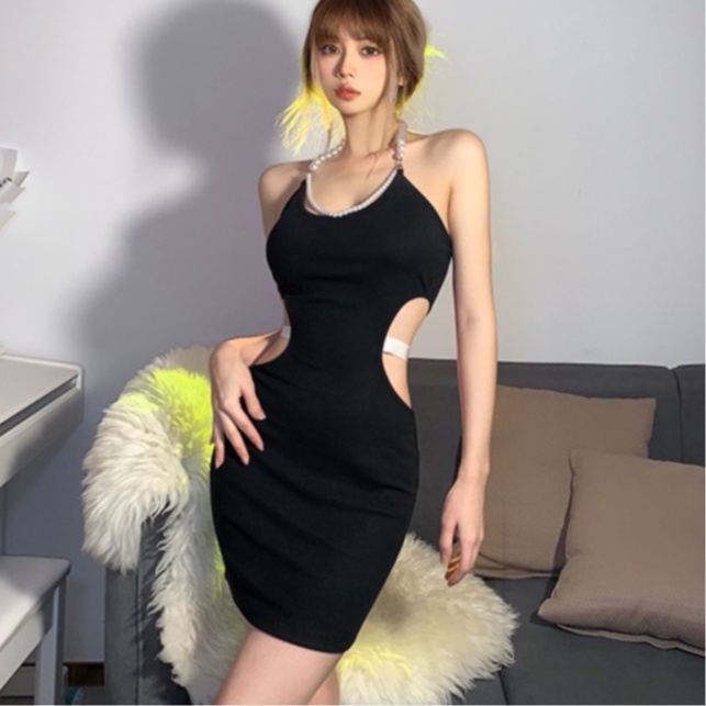 【AMY J】Pearl Necklace Street Fashion Trend Design  Tight-Fitting Mini Dress 7034