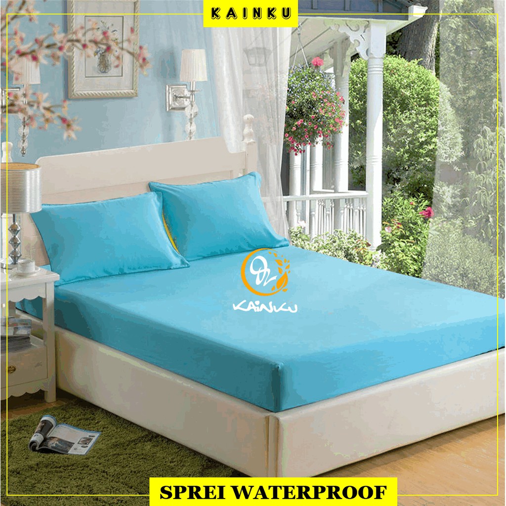 Sprei Waterproof POLOS BIRU MUDA PREMIUM Anti Ompol Anti Air size 90 100 120 160 180 200 WP