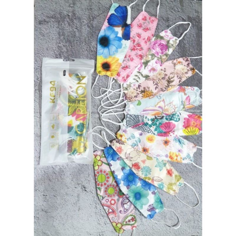 10PCS MASKER DEWASA KF94 MODEL EVO 3D STEREO ANTI PENGAP MOTIF VINTAGE ETNIC RETRO BUNGA KUPU RANDOM