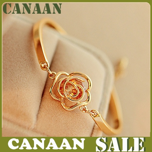 canaan Women Golden Flower Crystal Rose Bangle Cuff Chain Bracelet Chic Jewelry Present