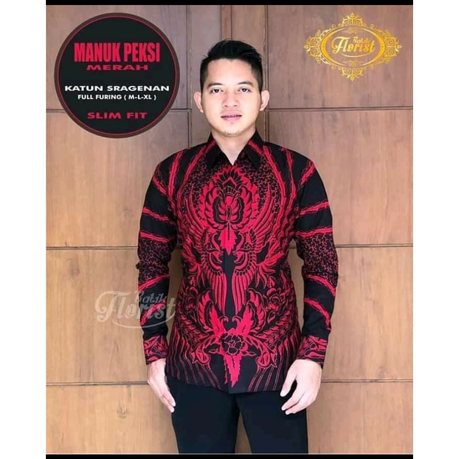 MANUK PEKSI MERAH Kemeja Batik Pria Lengan Panjang Katun Halus FULL FURING Florist