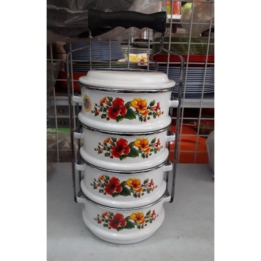 Rantang Enamel Merah, Putih 4 Susun / Rantang Enamel 4 Susun / Rantang Jadul
