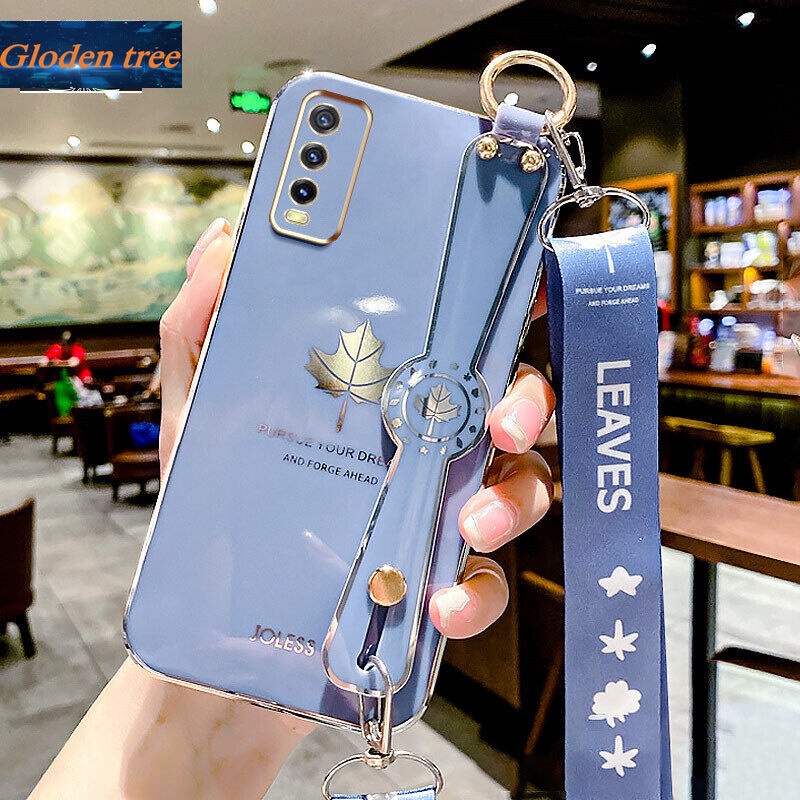 Case Motif Daun Maple Dengan lanyard Untuk Vivo Y12S 2021 Y12A Y20 2021 Y20i Y20A Y20S G