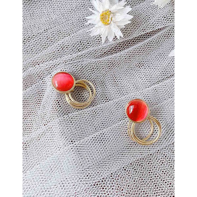 LRC Anting Tusuk Fashion Long Round Opal Alloy Hollow Earrings K34435