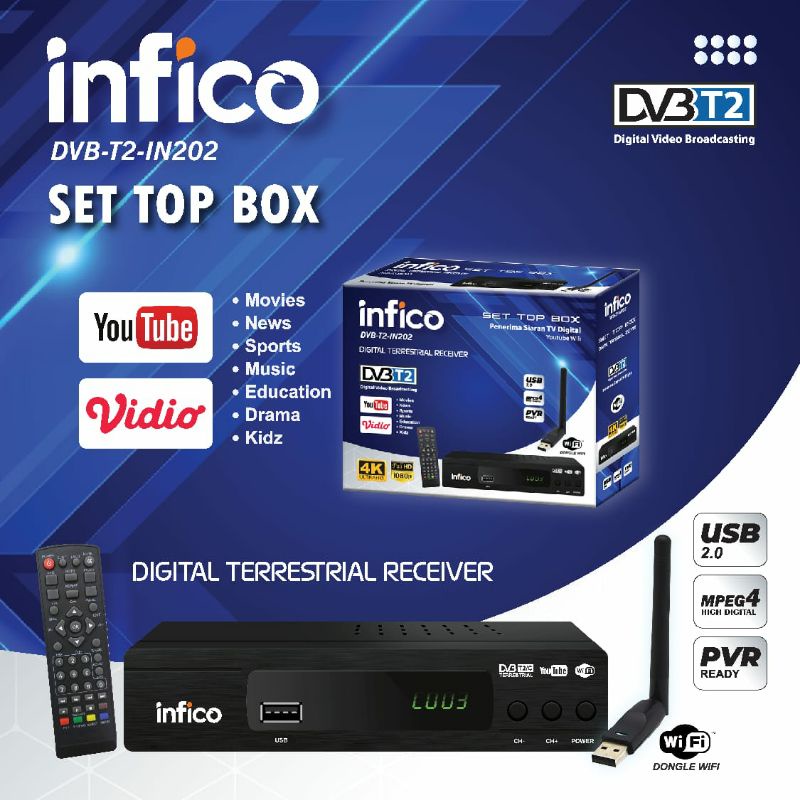 SET TOP BOX FREE DONGLE WIFI INFICO ITB-202 RECEIVER TV DIGITAL