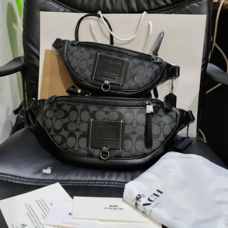 Waistbag Pria Wanita Coach Black Leather Original tas kulit motif couple cewek cowok ori keren murah