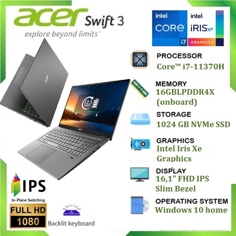 ACER Acer Swift 3 SF316-51-78N0 (CORE i7-11370H7/1TB SSD/16GB/Iris Xe/Windows 10) - Steel Grey
