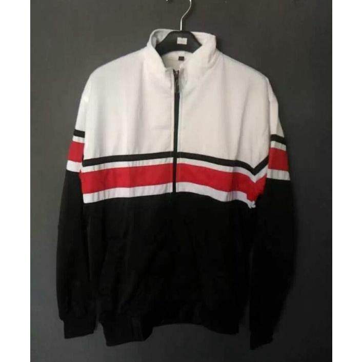 Jaket Tracktop Putih Hitam Garis Merah