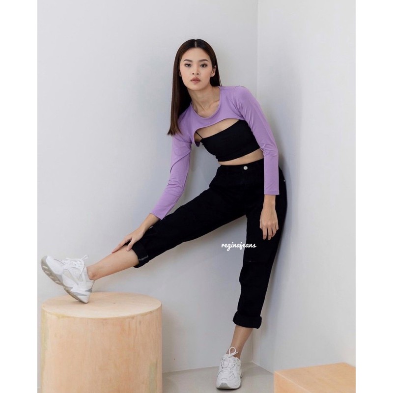 Boyfriend hitam sobek lutut / ripped knee rebel celana boyfriend mom jeans bigsize sobek