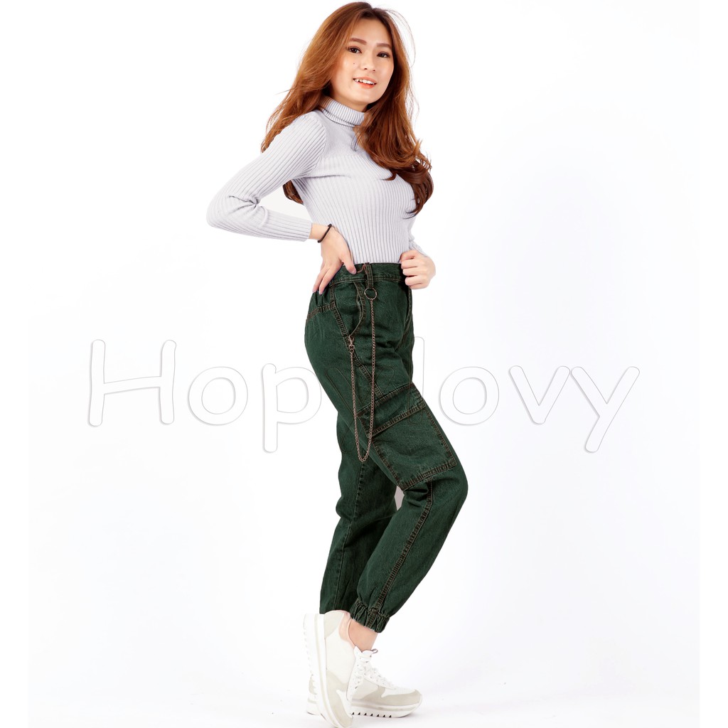 HOPYLOVY Celana  Jeans  Wanita  Model  Jogger  Cargo 