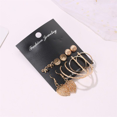 Anting Set Korea 6 Pasang Anting Tusuk Model Daun Geometri Hook dan Mutiara untuk Wanita