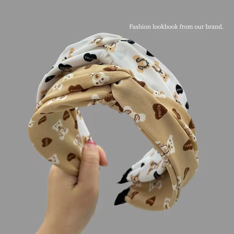 (Hello Girl)B25 Bandana Simpul Motif Beruang Bahan Kain Import Headband Wanita Korea Import