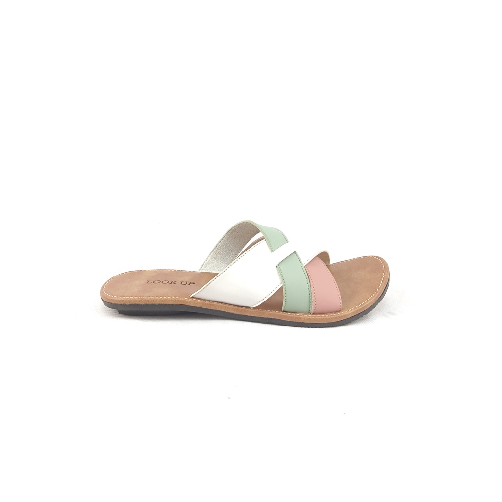 Sandal Kulit Wanita Sandal Kekinian Sandal Slop Slide Wanita Flat Motif Kombinasi Sandal Wanita Terbaru Kekinian Look Up - RIKKA