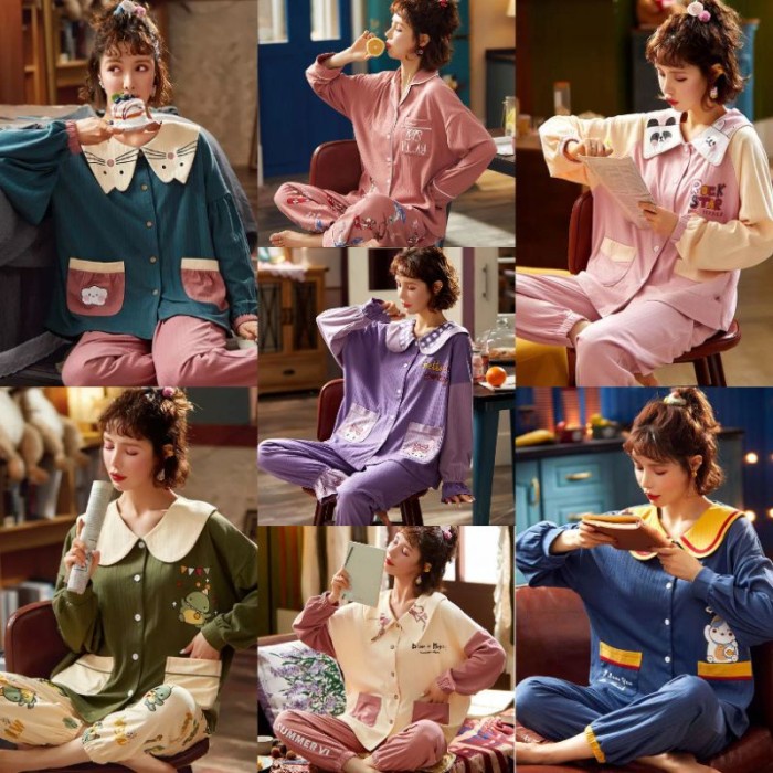 SETELAN SETCEL ONE SET PIYAMA BAJU TIDUR WANITA PP IMPORT  PREMIUM KATUN TEBAL  BUSUI LENGAN PANJANG