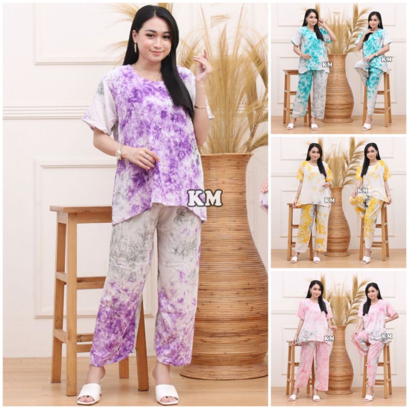 One Set Tiedye Setelan Wanita Celana Panjang Kaos Lengan Pendek Rayon Piyama Kaos Batik Babydoll COD Termurah