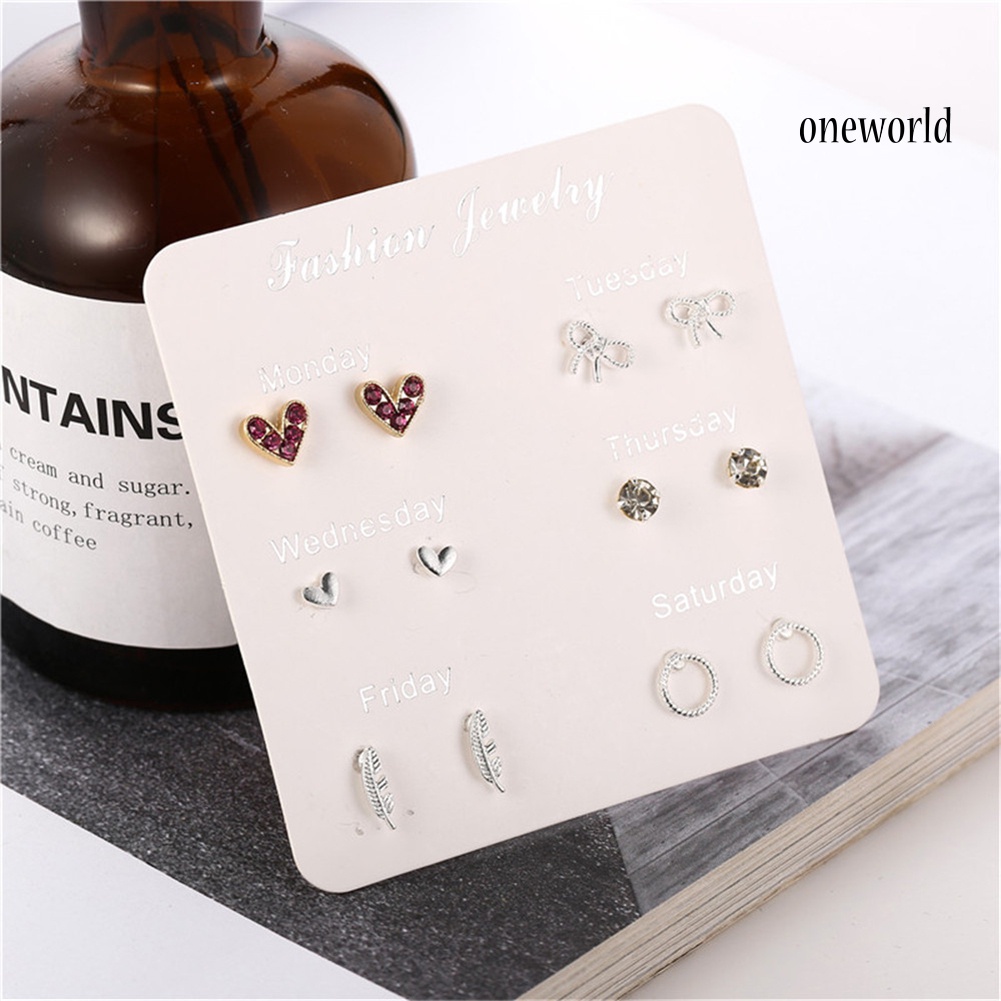 OW@ 6 Pairs Women Snowflake Heart Star Leaf Faux Gem Ear Stud Earrings Jewelry Gift