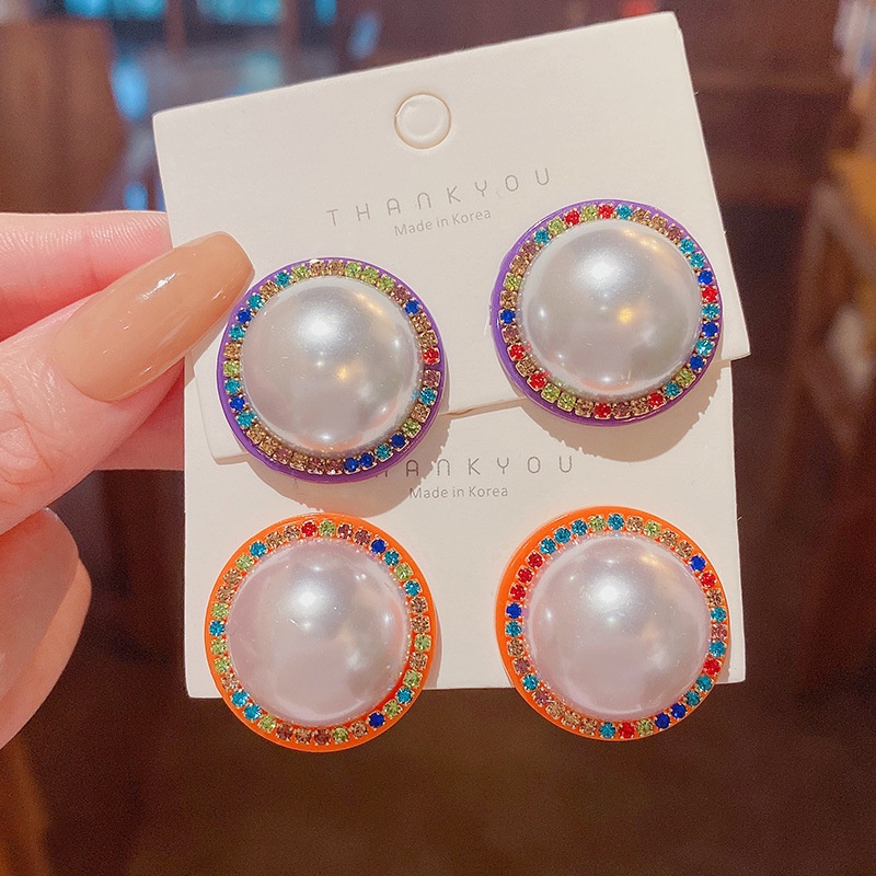 Anting Stud 925 silver needle Bentuk Lingkaran Besar Aksen Mutiara Berlian Imitasi