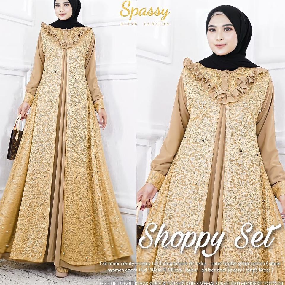 kodeW2i2H--Shoppy Set 2 in 1 Gamis + Outher Busui Friendly Bahan Ceruty Full Furing mix Brukat IMPOR