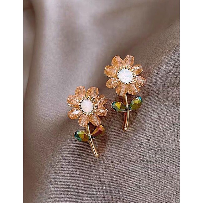 LRC Anting Fashion Yellow Crystal Flower Alloy Earrings A61839