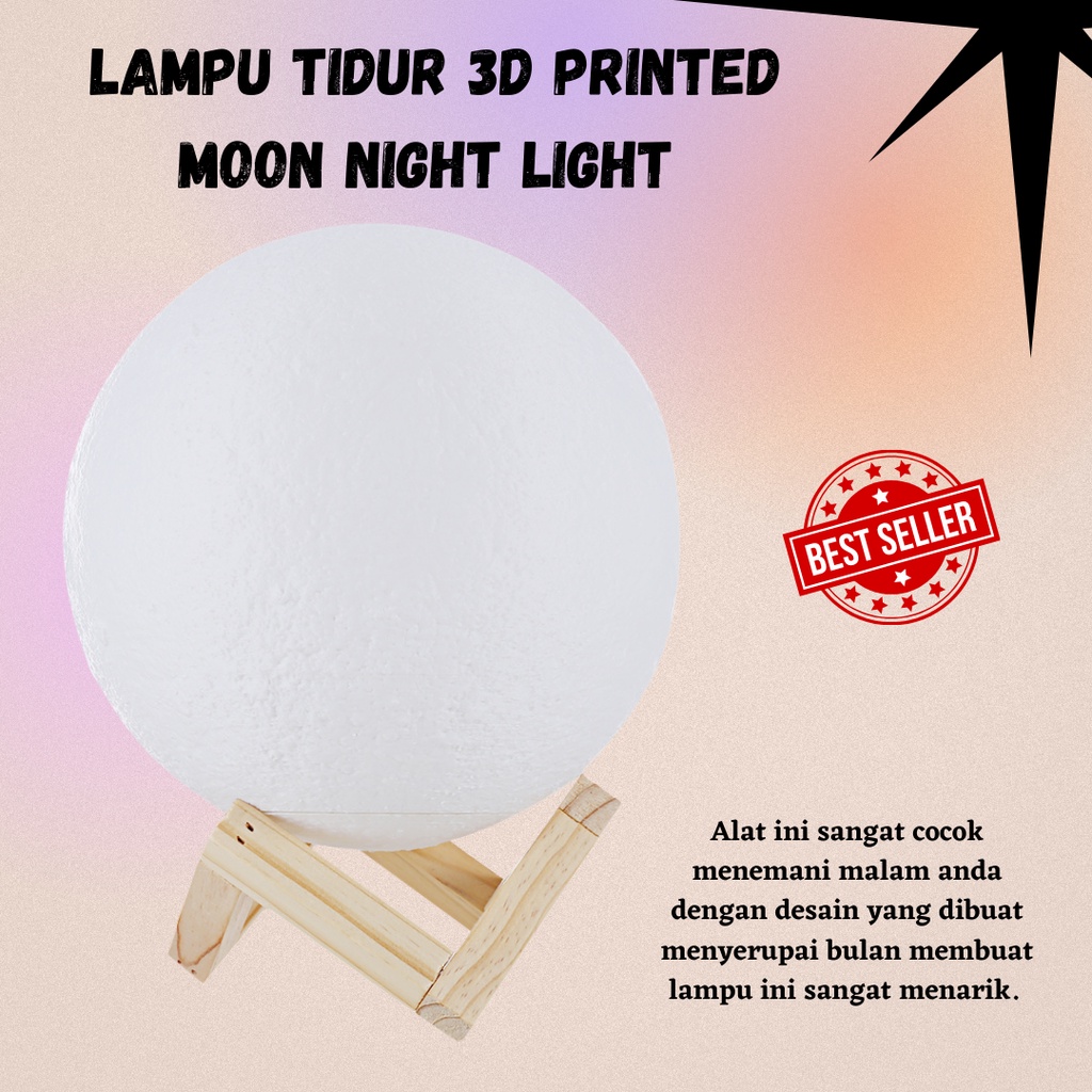 TERLARIS!!! RAMBERY Lampu Tidur 3D Printed Moon Night Light Lamp 12 cm