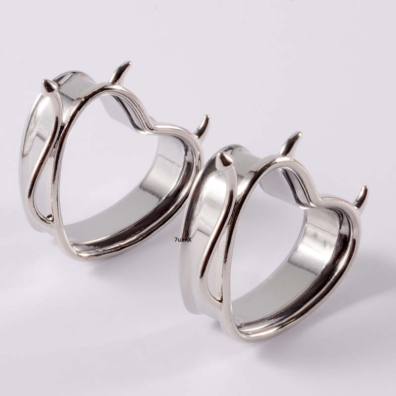 2pc Anting Tindik Bentuk Hati Devil Double Flare Bahan Stainless Steel Ukuran 8-25mm