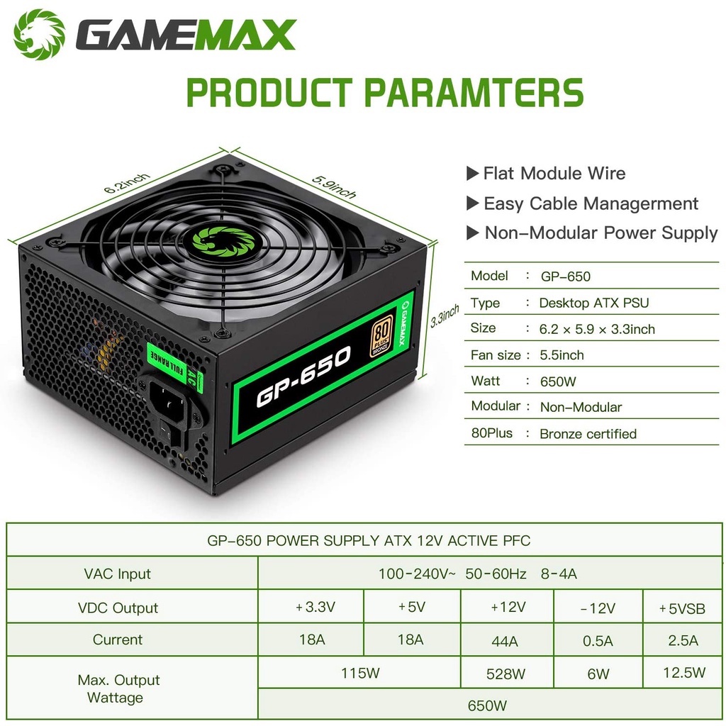 PSU Gamemax 650 Watt +80 Pure GP Series Bronze Certified