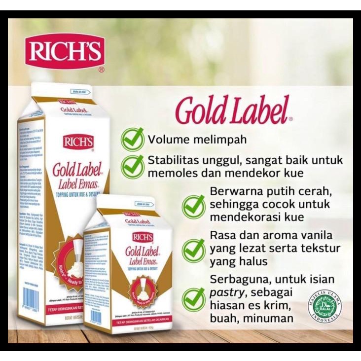 

TERBARUU!! Rich's Rich Gold Label Whipping Cream Non Dairy 907 gram TERBARU