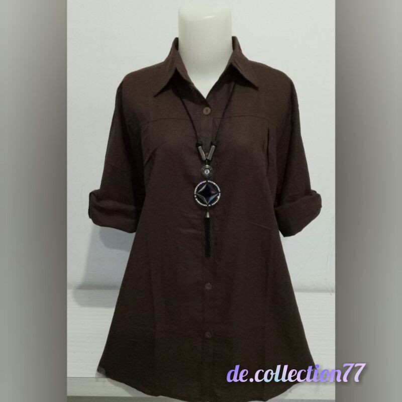 Kemeja Wanita Polos / Atasan Rami /Pakaian Wanita Lengan Panjang A.045A-Coklat tua