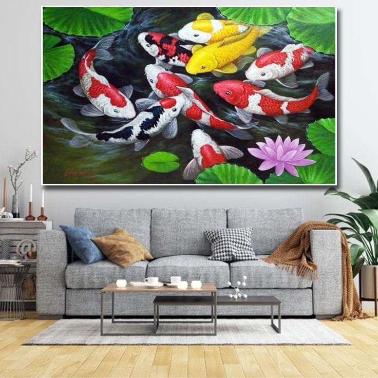 Lukisan Poster Ikan Koi hoki Fengshui 9 Jumbo 3 dimensi Xtra Besar Ukuran 70x50 cm 100x70cm 150x100c