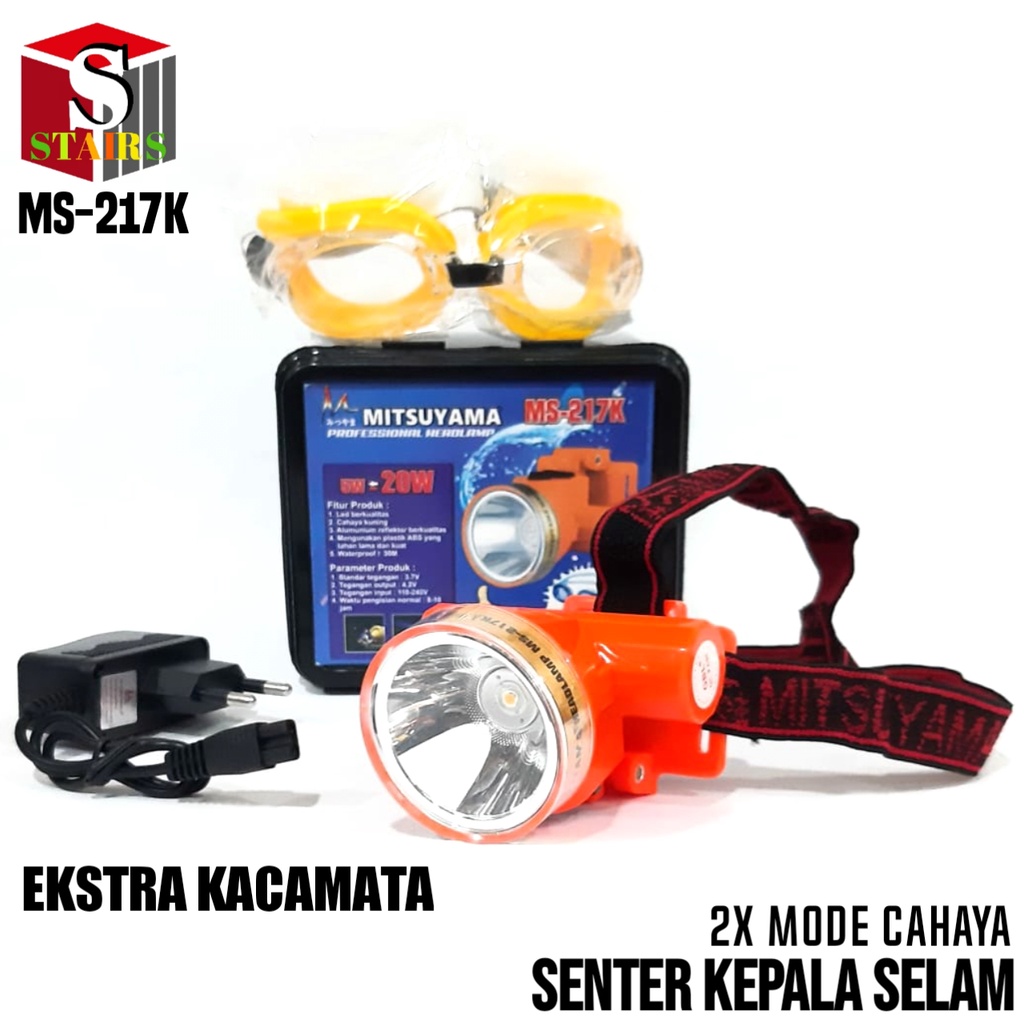 Terang Anti Air !!! Senter Kepala Selam LED Super Terang Cahaya Kuning Bonus Kaca Mata Renang MS-217K