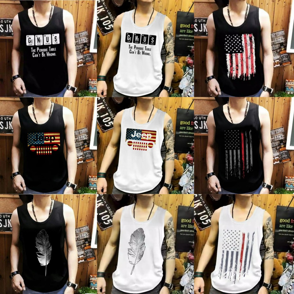 Singlet combed pria bahan cotton motif keren hitam-putih ukuran M-L-XL-XXL