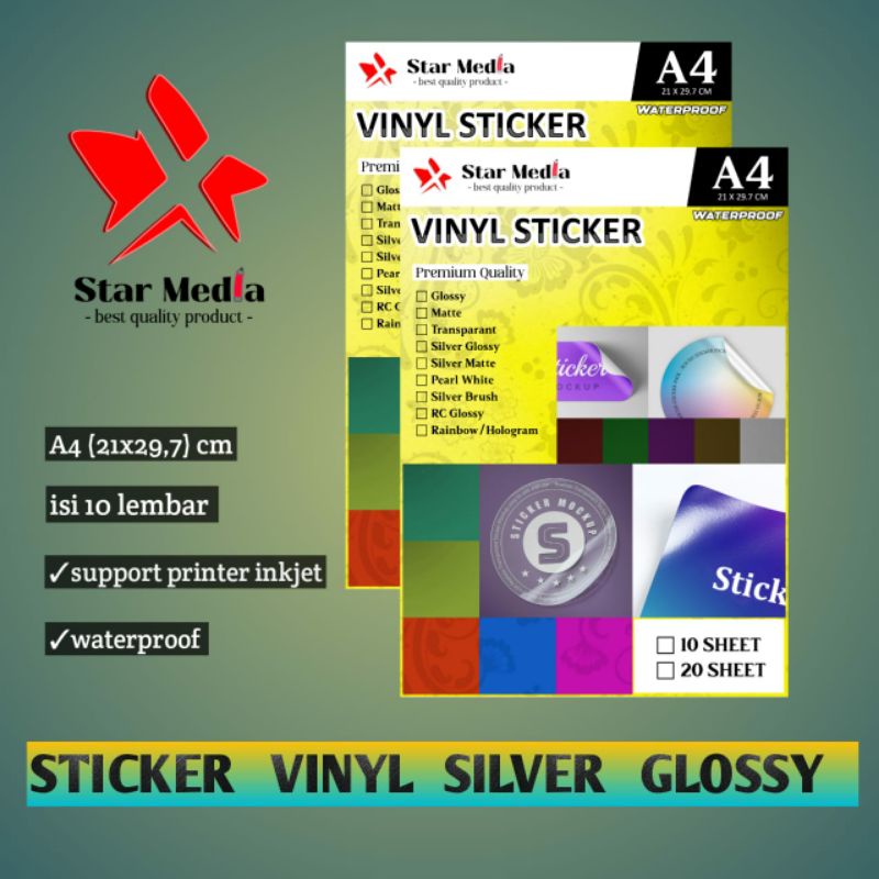 

Kertas sticker vinyl silver glossy A4 isi 10 lembar waterproof/stiker vinil warna silver mengkilap tahan air