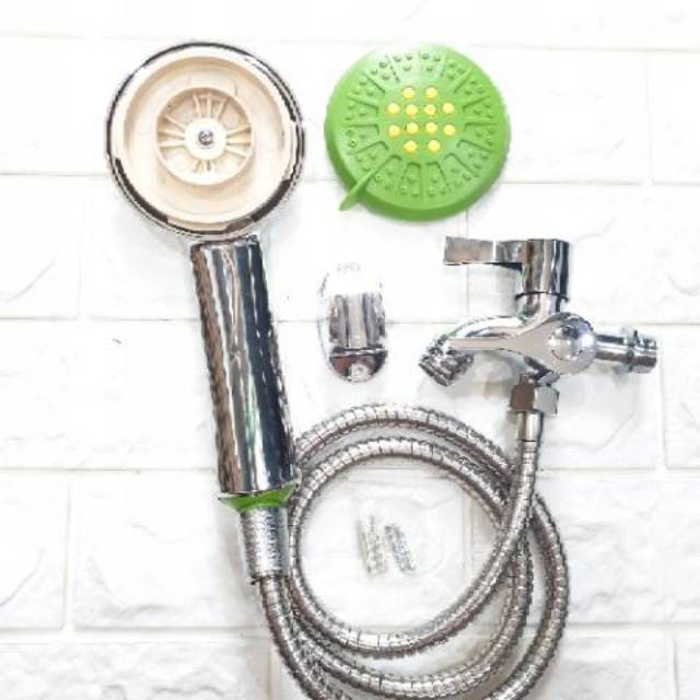 Paket MURAH ( By 1 Get 1 ) Beli Hand Shower Mandi Dapat Kran Cabang Double 2 Lobang