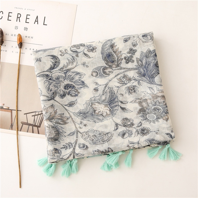 ITSFRIDAY 052223 Premium Scarf Selendang Pashmina Syal Shawl Pasmina Hijab Import Motif Flower Clasic Cream Mint Tassel-4