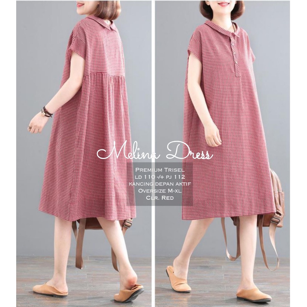 MELINA DRESS/DRESS WANITA KOREAN STYLE/DRES WANITA MOTIF KOTAK/DRESS WANITA JUMBO MUAT UKURAN M-XL