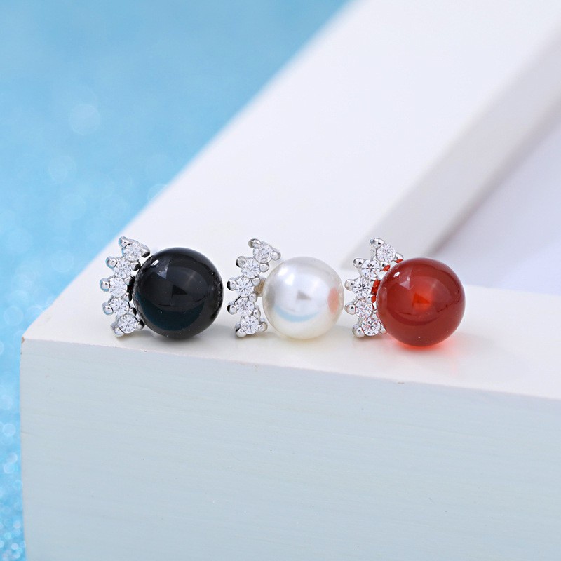 925 Perak Lucu Anting-Anting Anting-Anting Gaya Korea Wanita Hello Kitty Mutiara Shell Hitam dan Merah Batu Akik Perhiasan