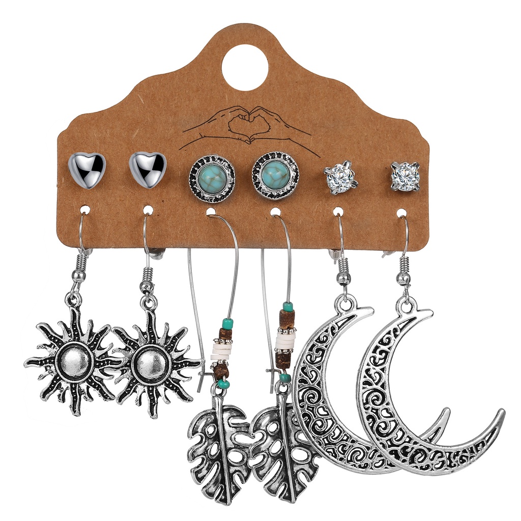 6 Pasang / Set Anting Tusuk Gaya Vintage Bohemian Bentuk Matahari / Daun / Bulan / Ukiran Hollow Untuk Wanita